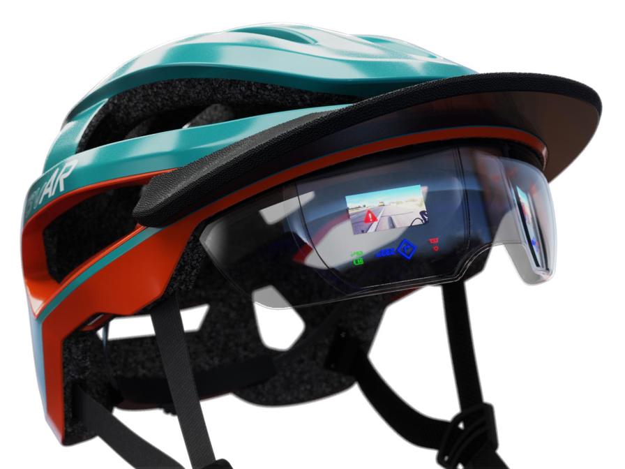 Model of a bicycle helmet, including complex AR technology within the see-through visor, as well as indicator lights and striking design textures – 3D printed by Thinkable Studio on the J55