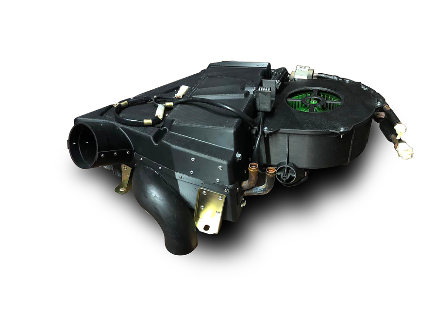 Final air conditioning unit for the historic supercar, featuring the 3D printed air duct produced in Nylon 12CF and ASA materials.