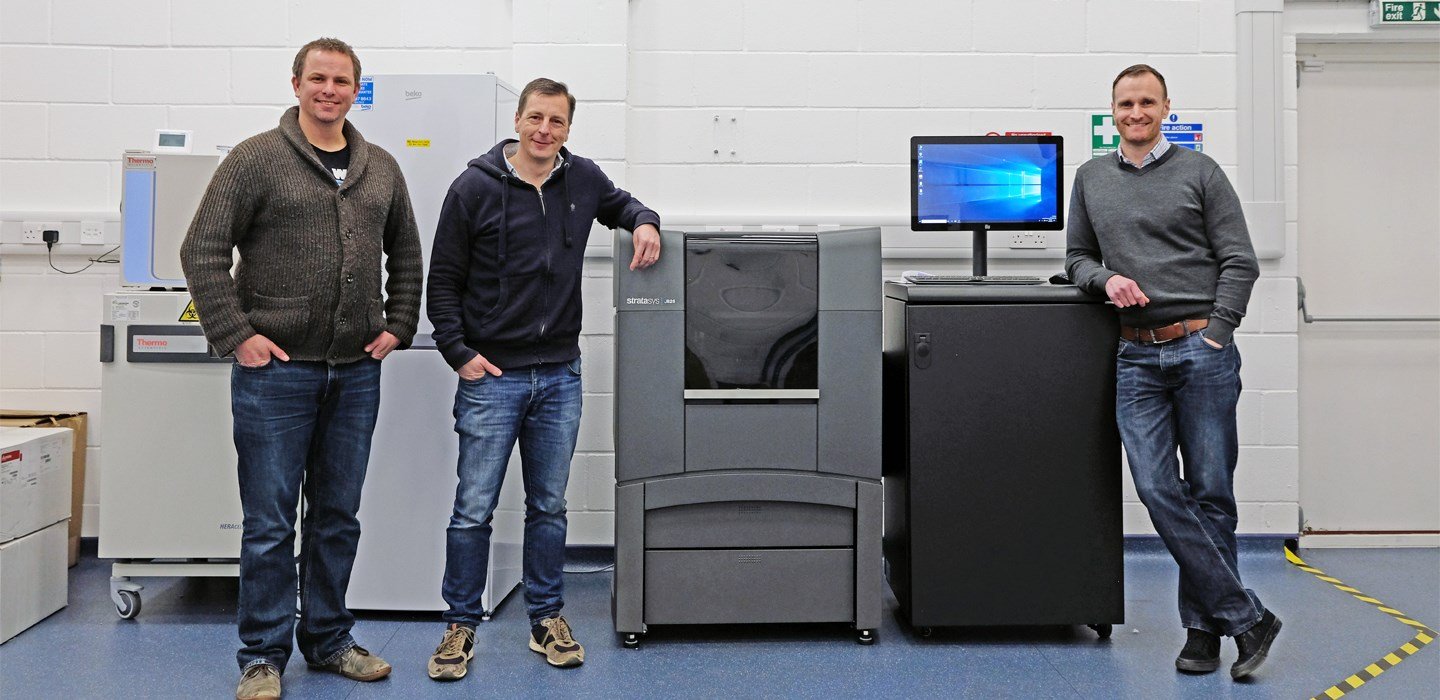 BiologIC is the first company in the UK — and one of the first in Europe — to install Stratasys’ new J826 3D Printer. Picture shows, from left: BiologIC co-founders Dr Colin Barker, Richard Vellacott and Nick Rollings.