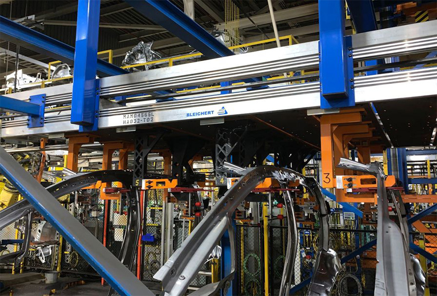 A view of the overhead conveyor system.