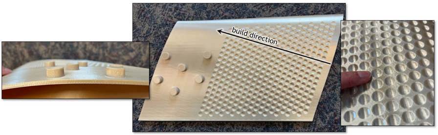 Stratasys FDM sample part with dimples and cylindrical vortex generators